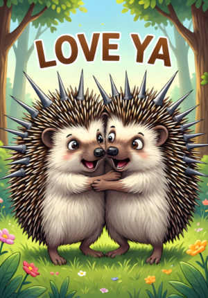 Love Ya Two Hedgehogs Attempting To Hug But Getting Their Spikes Tangled Together Surprised Happy Expressions