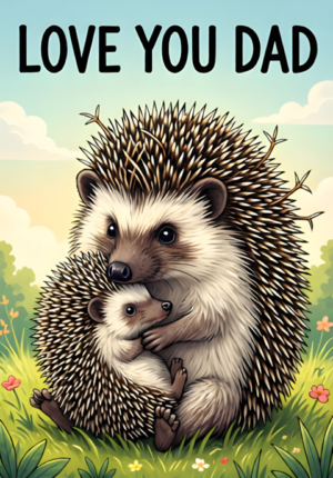 Love You Dad Dad Hedgehog Carefully Hugging His Little Hedgehog Despite Their Tangled Spikes