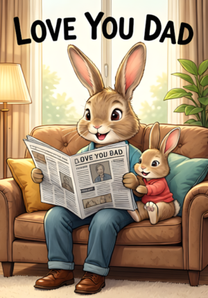 Love You Dad Dad Rabbit Reading A Newspaper While Little Bunnies Cuddle Beside Him On A Cozy Sofa