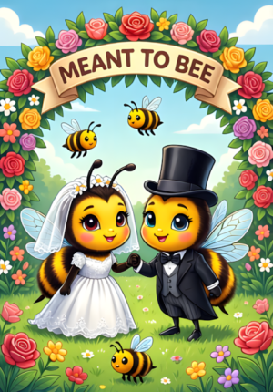 Meant To Bee Two Bees Dressed As Newlyweds Buzzing Around A Floral Arch