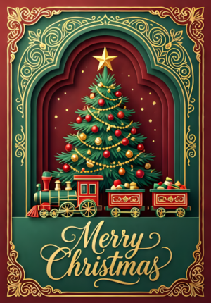 Merry Christmas Classic Toy Train Around A Christmas Tree