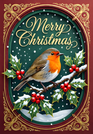Merry Christmas Red Robin On A Snow Covered Holly Branch With Bright Berries