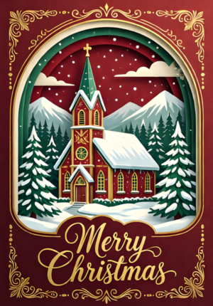 Merry Christmas Village Church Under Fresh Snow