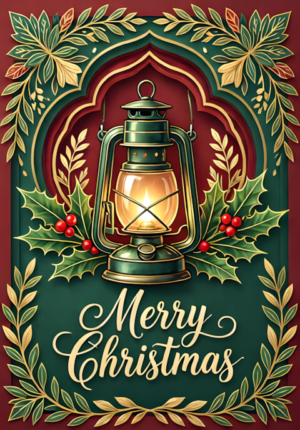 Merry Christmas Vintage Lantern With Holly