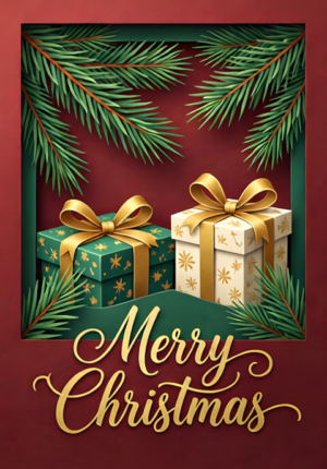 Merry Christmas Wrapped Presents Beneath Fir Branches
