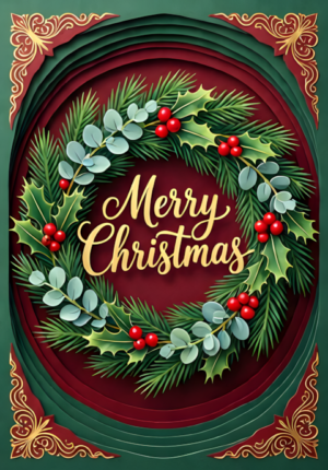 Merry Christmas Wreath Of Holly Pine And Eucalyptus