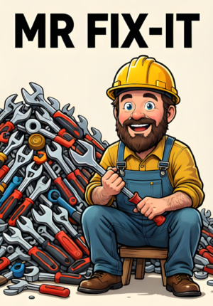 Mr Fixit Dad Sitting Proudly Beside A Giant Pile Of Tools While Using The Wrong Tool For A Simple Job