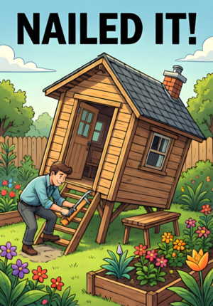 Nailed It Dad Attempting To Build A Garden Shed While The Finished Shed Leans Dramatically Sideways