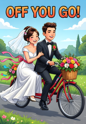 Off You Go A Bride And Groom Riding Away Together On A Tandem Bicycle Decorated With Flowers And Ribbons
