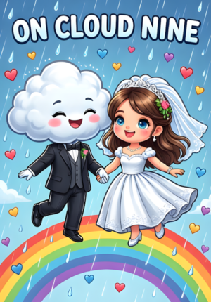On Cloud Nine Two Happy Clouds Dressed As Newlyweds Floating Together Above A Rainbow Raining Tiny Heartshaped Drops
