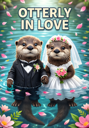 Otterly In Love Two Otters Dressed As Newlyweds Floating Together Holding Paws Flower Petals Drifting Across The Water