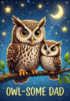 Owlsome Dad Dad Owl And Little Owl Sitting Together On A Branch Beneath A Starry Sky