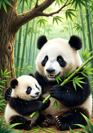 Pandastic Dad Dad Panda And Little Panda Sharing Bamboo Beneath A Tree