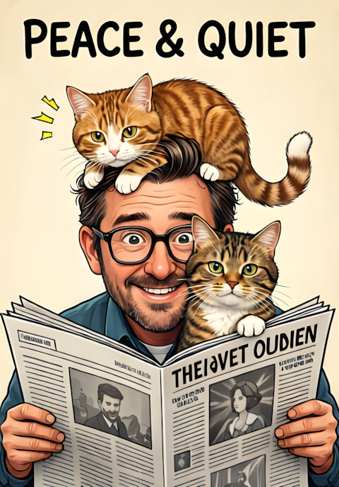 Peace And Quiet Dad Trying To Read A Newspaper While A Cat Sits Directly Across His Face
