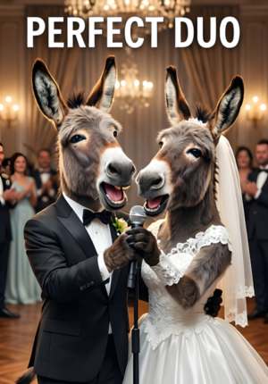 Perfect Duo Two Donkeys Dressed For Their Wedding Singing Loudly Together Into One Microphone At Their Reception