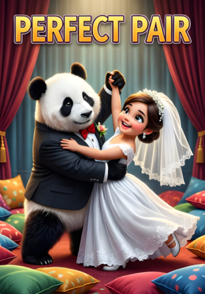 Perfect Pair Two Pandas Dressed As Newlyweds Attempting An Elegant Wedding Dance But Falling Into A Pile Of Cushions
