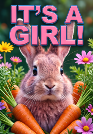 Pink Bunny With Carrots And Flowers