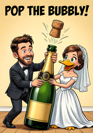 Pop The Bubbly Two Newlyweds Attempting To Open An Enormous Bottle Of Champagne Cork Shooting Upward As Both Duck