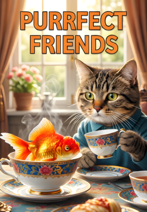 Purrfect Friends A Cat And Goldfish Having Afternoon Tea Together Goldfish Sitting In An Elegant Bowl At The Table While Cat Politely Serves Water