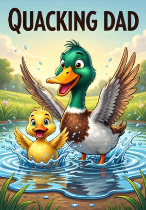 Quacking Dad Dad Duck And Little Duckling Splashing Happily Together Through A Giant Puddle