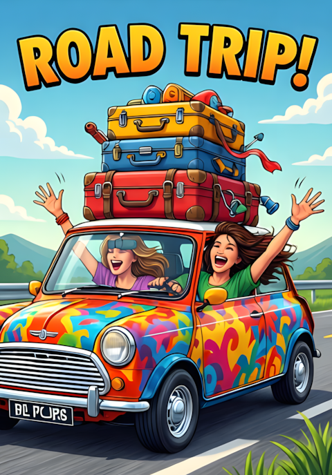 Road Trip Two Female Friends Taking A Road Trip In A Tiny Colorful Car