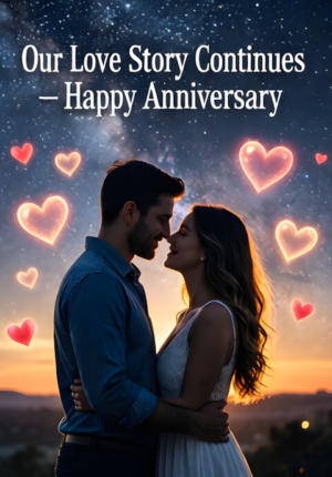 Romantic Couple Silhouette Under Starry Sky With Glowing Hearts