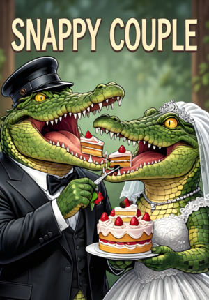 Snappy Couple Two Crocodiles Dressed For Their Wedding Trying To Delicately Feed Each Other Tiny Pieces Of Cake With Their Enormous Mouths