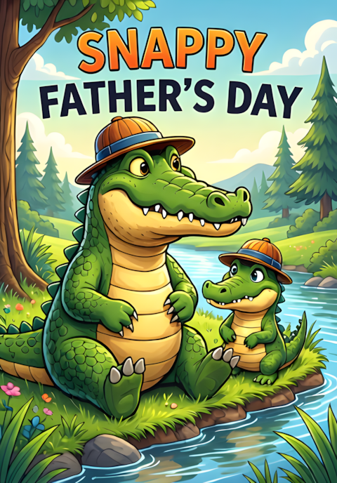 Snappy Fathers Day Dad Crocodile And Little Crocodile Sitting Together Beside A River Wearing Matching Hats