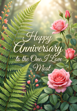 Soft Botanical Illustration With Ferns And Roses