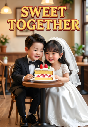 Sweet Together A Newlywed Couple Sitting Together At A Tiny Caf Sharing One Huge Slice Of Cake
