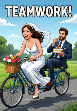 Teamwork A Bride And Groom On A Tandem Bicycle Bride Enthusiastically Pedaling While Groom Relaxes And Eats Wedding Cake