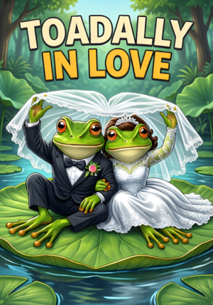 Toadally In Love Two Frogs Dressed For Their Wedding Sitting On A Giant Lily Pad One Frog Struggling With An Enormous Wedding Veil