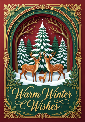 Warm Winter Wishes Family Of Deer Beneath Snow Laden Fir Trees