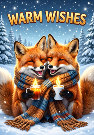 Warm Wishes Two Foxes Wrapped Together Inside An Enormous Cozy Scarf On A Snowy Day