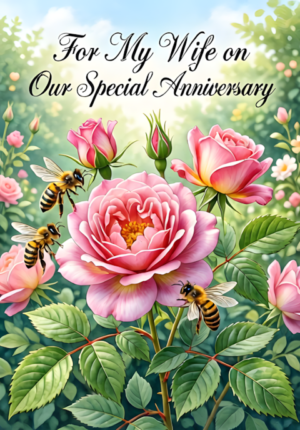 Watercolour English Roses And Bees In Garden Style