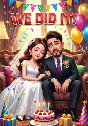 We Did It A Bride And Groom Exhausted After Their Wedding Asleep Together On A Sofa Surrounded By Confetti Cake And Party Decorations