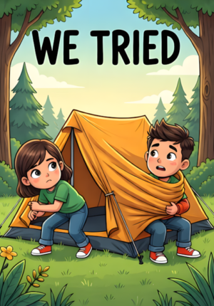 We Tried Two Friends Attempting To Pitch A Camping Tent But Becoming Completely Wrapped Inside The Fabric Only Their Confused Faces Visible