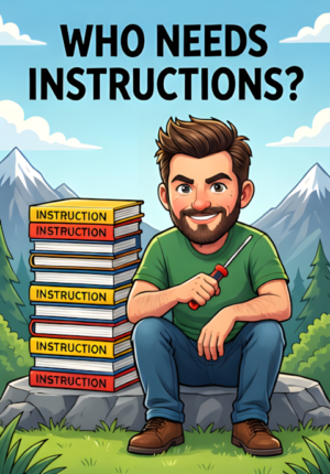Who Needs Instructions Dad Sitting Beside A Mountain Of Unopened Instruction Manuals While Confidently Holding A Screwdriver