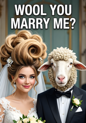Wool You Marry Me Two Sheep Dressed For Their Wedding Bride With An Enormous Glamorous Wool Hairstyle And Groom Looking Amazed