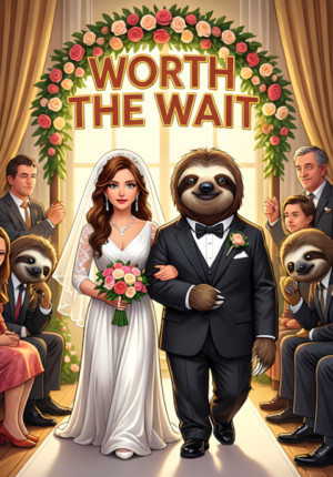 Worth The Wait Two Sloths Dressed As Newlyweds Slowly Walking Down The Aisle While Guests Have Fallen Asleep Waiting