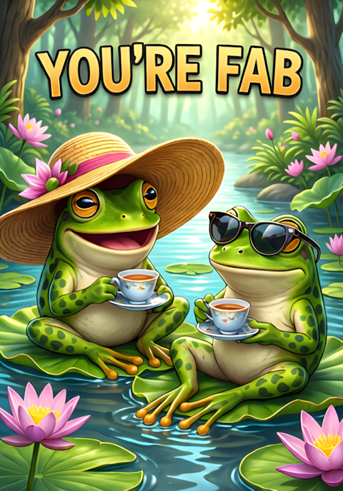 Youre Fab Two Frogs Relaxing On Lily Pads Drinking Tiny Cups Of Tea