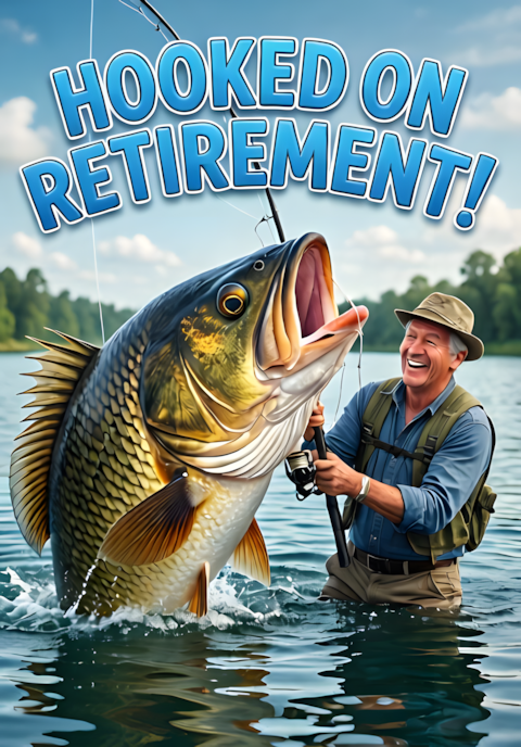 Fishing Scene With Giant Fish Pulling Retiree Hooked On Retirement