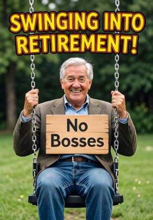 Retiree On Swing With No Bosses Sign Swinging Into Retirement