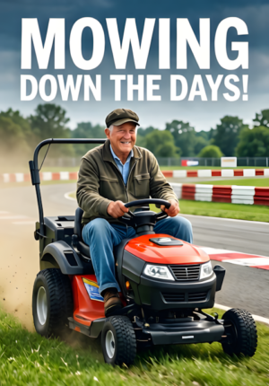 Retiree Riding Lawnmower Like Race Car Mowing Down The Days