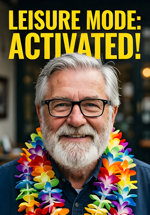 Retiree Wearing Multiple Leis Leisure Mode Activated