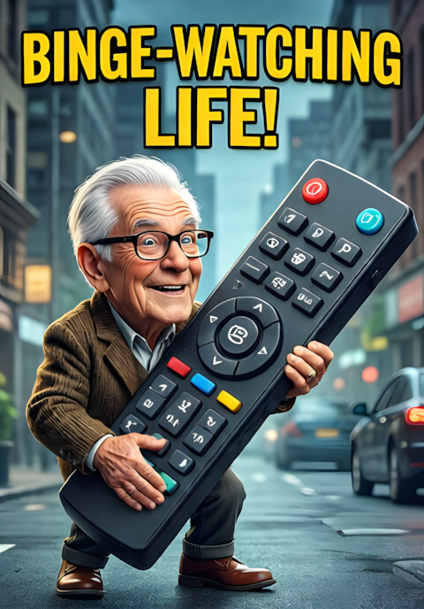 Retiree With Giant Remote Control Binge Watching Life
