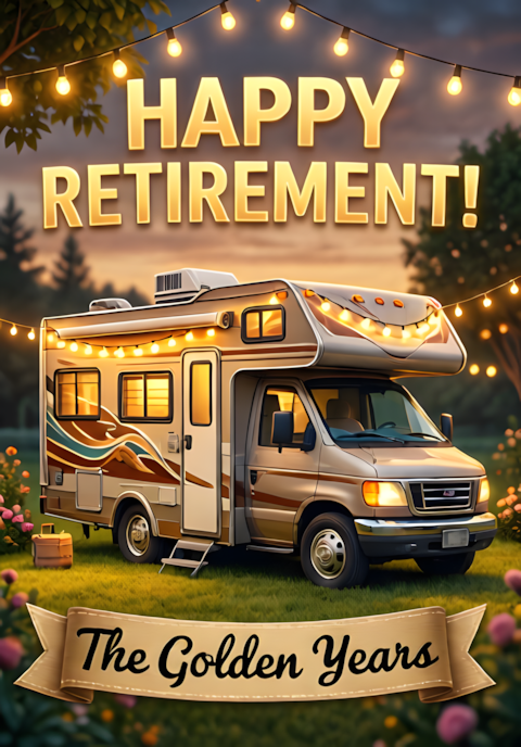 Rv With String Lights Golden Years Banner Happy Retirement