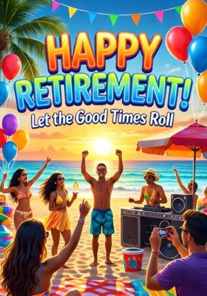 Sunset Beach Party With Balloons Music Happy Retirement Let The Good Times Roll