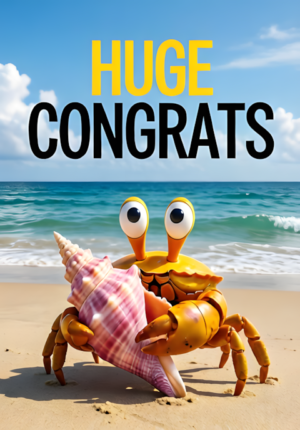Yellow Crab Holding Seashell On Beach Huge Congrats