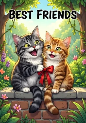 Best Friends Colorful Cartoon Illustration Of Two Mischievous Cats Sitting Together On A Garden Wall